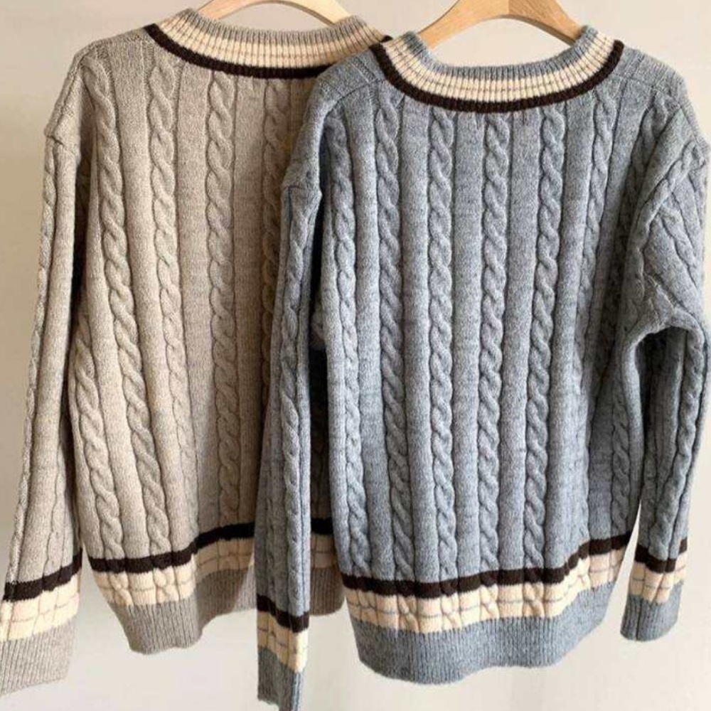 Cable knit sweater Heather blue stripe womens long sleeve V-neck - Picture 4 of 4